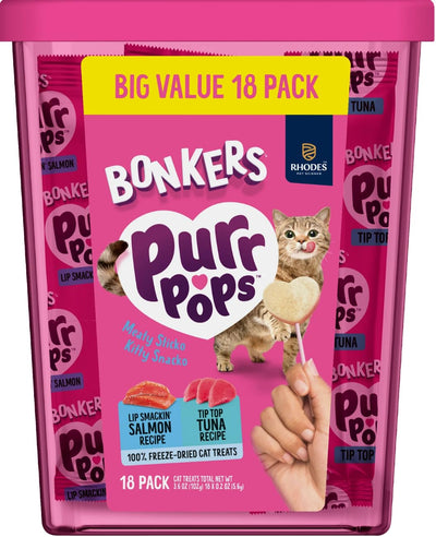 Bonkers Purrpops Cat Treats, Salmon and Tuna Flavors, 18 Count Value Pack