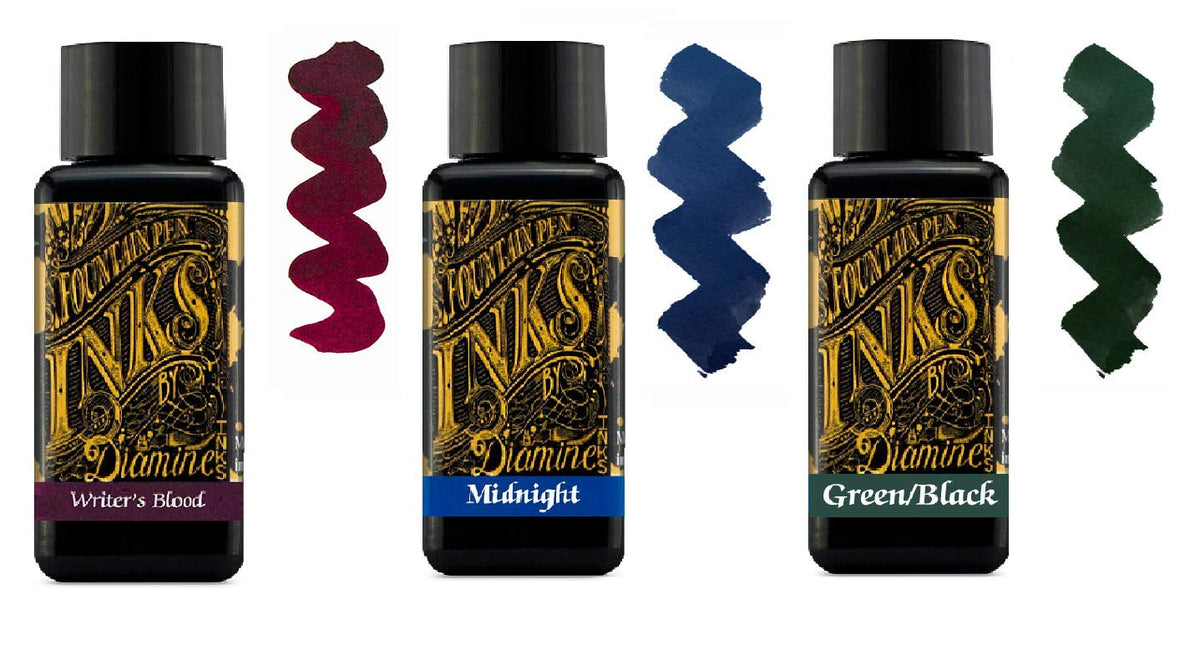 Diamine Fountain Pen Ink Bundle - Writers Blood, Midnight Blue & Green Black - 30 ml (3 Pack)