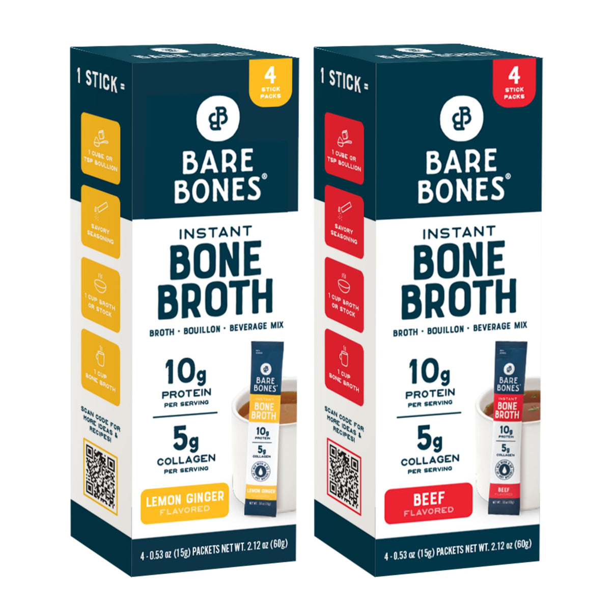 Bare Bones Bone Broth Instant Powdered Beverage Mix, Chicken & Beef, Variety Pack of 8, 4 Chicken & 4 Beef - 15g Sticks, 10g Protein, Keto & Paleo Friendly