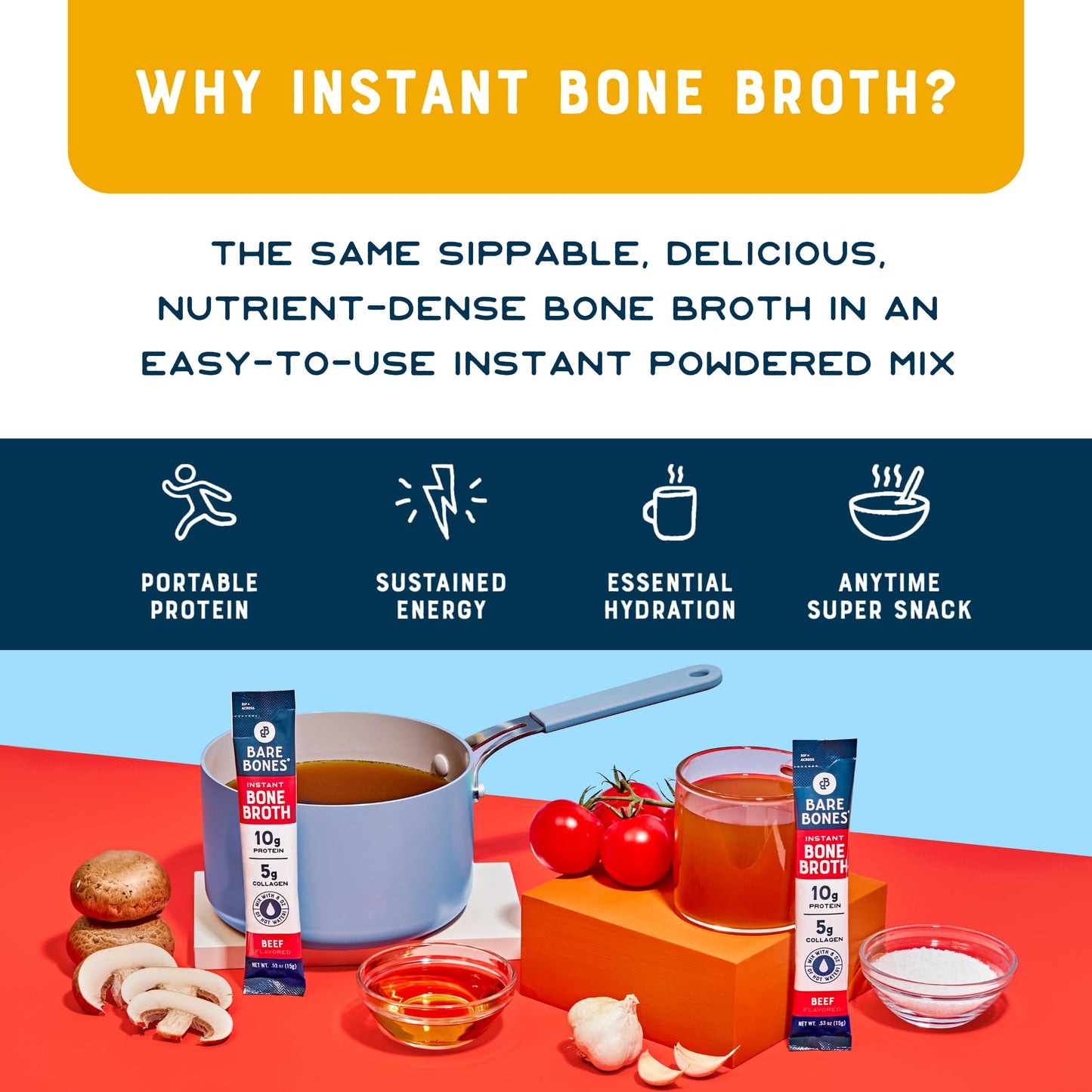 Bare Bones Bone Broth Instant Powdered Beverage Mix, Chicken & Beef, Variety Pack of 8, 4 Chicken & 4 Beef - 15g Sticks, 10g Protein, Keto & Paleo Friendly