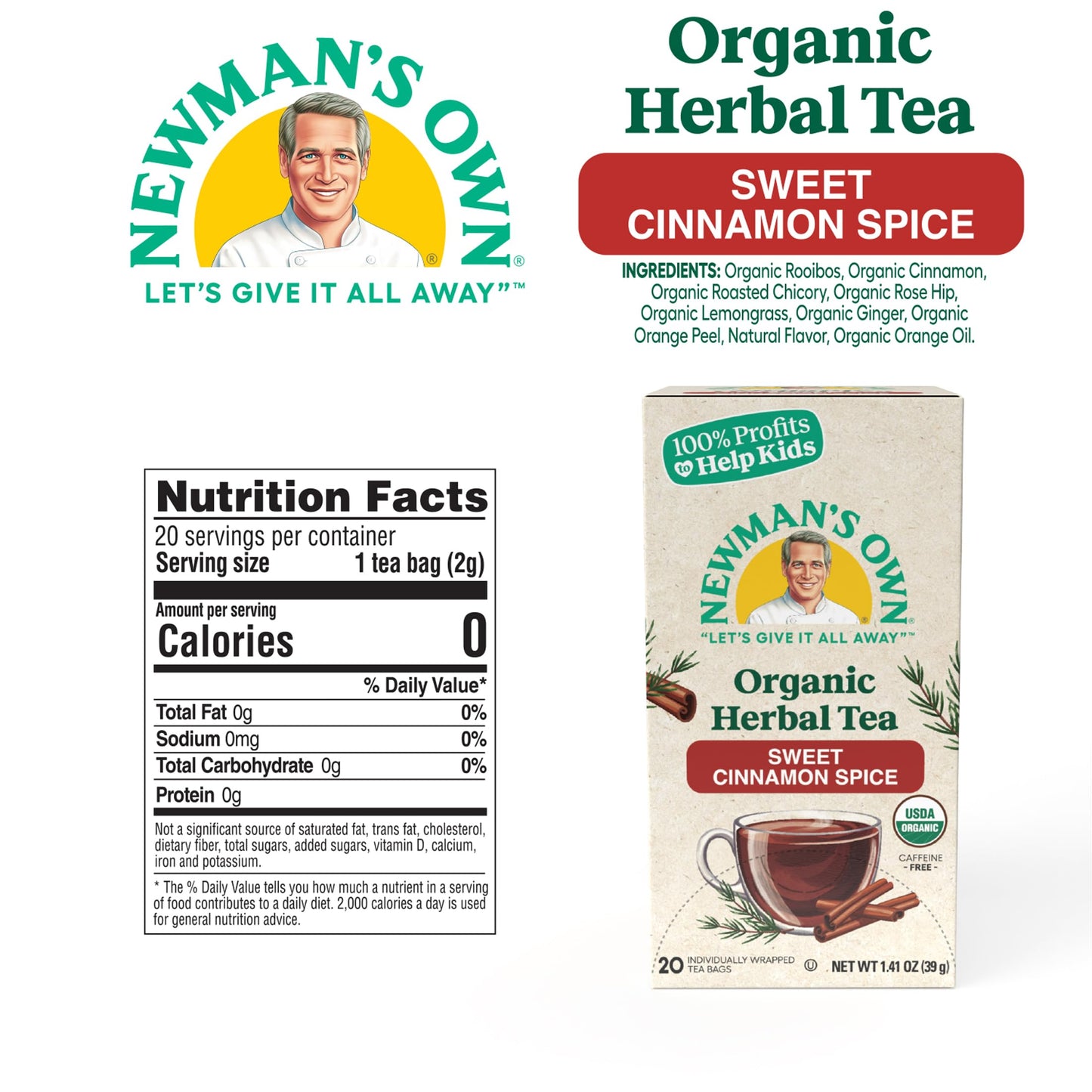 Newman's Own Organic Sweet Cinnamon Spice Herbal Tea with Rooibos Tea with Organic Ginger 20 Individually Wrapped Tea Bags Per Box USDA Certified and Kosher Cinnamon Tea Caffeine-Free