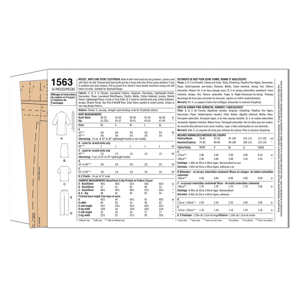 Simplicity S1563 Family Pajama Sewing Pattern, Teens', Men's & Women's Sleepwear, Sizes XS-XL