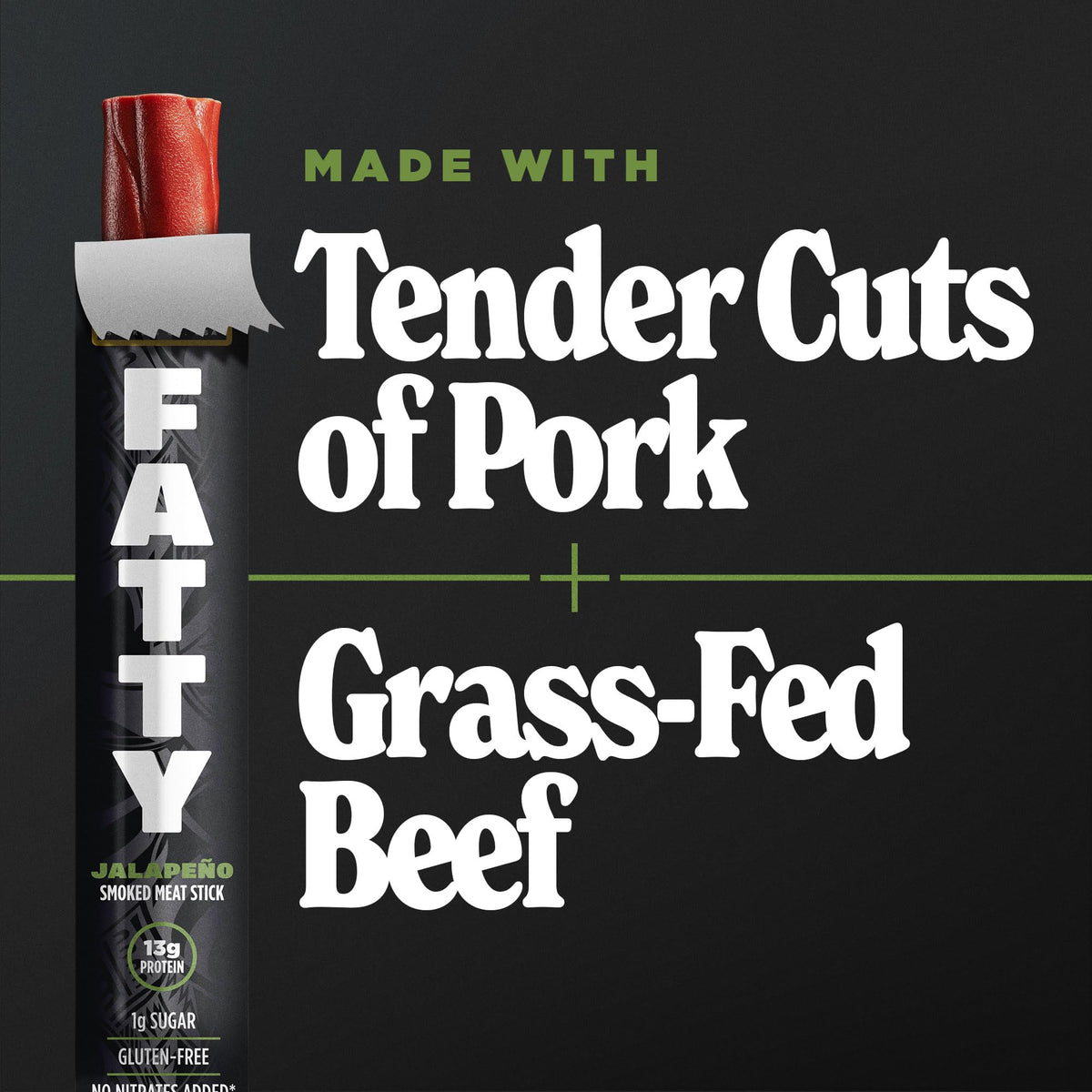 FATTY Meat Sticks, Made with Grass Fed Beef, Pork Raised Without Antibiotics, 13g Protein Per Serving, Jalapeno, 2 oz. (Pack of 20)