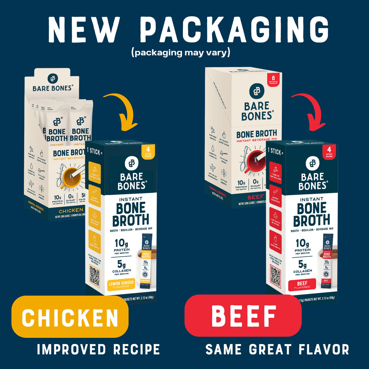 Bare Bones Bone Broth Instant Powdered Beverage Mix, Chicken & Beef, Variety Pack of 8, 4 Chicken & 4 Beef - 15g Sticks, 10g Protein, Keto & Paleo Friendly