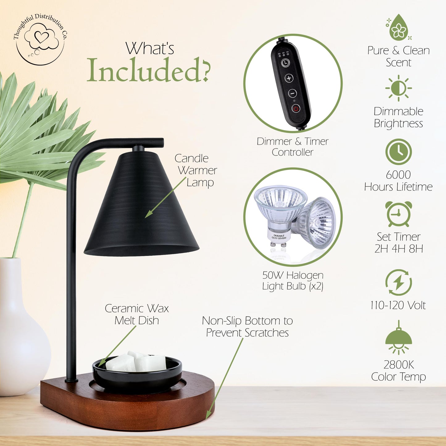 Candle Warmer Lamp with Timer, Dimmable Candle Warmer Lamp for Jar Candles, Electric Candle Warmer Auto Shutoff, Candle Warmer Lamp with 2 Bulbs for Scented Candles - Includes Free Wax Melt Dish