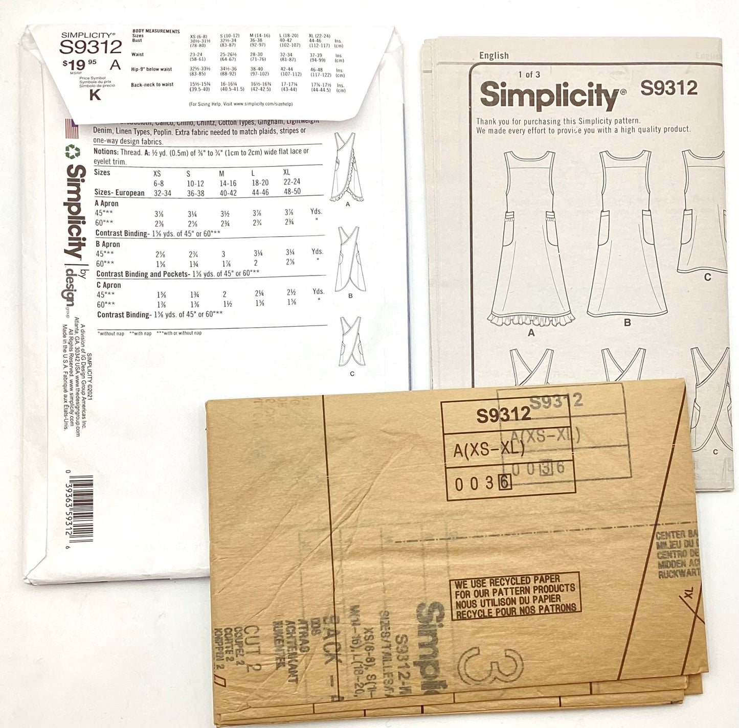 Simplicity S9312 Wraparound Apron Sewing Pattern, Women's Aprons in Two Lengths, Sizes S-L