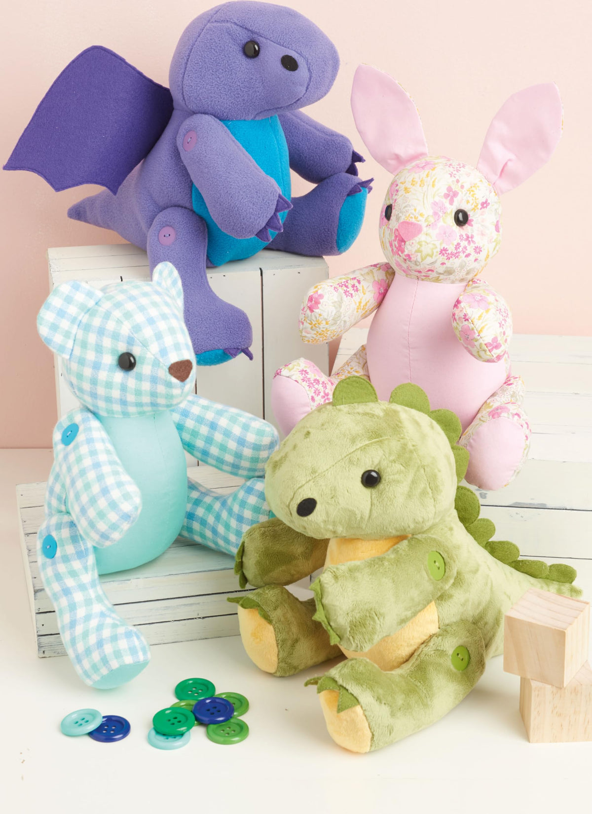 Simplicity S9441 Jointed Plush Animal Sewing Pattern, Dragon, Dinosaur, Bear & Bunny, 13 Inch