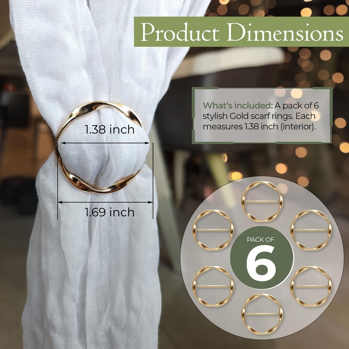 Thoughtful Distribution Co 6pcs Gold Scarf Ring & Clip for Women, Shawl Accessories