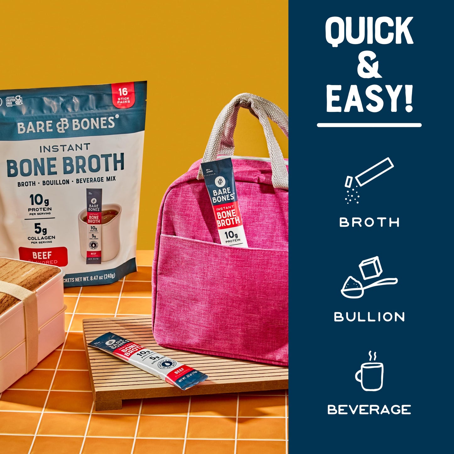 Bare Bones Bone Broth Instant Powdered Beverage Mix, Chicken & Beef, Variety Pack of 8, 4 Chicken & 4 Beef - 15g Sticks, 10g Protein, Keto & Paleo Friendly
