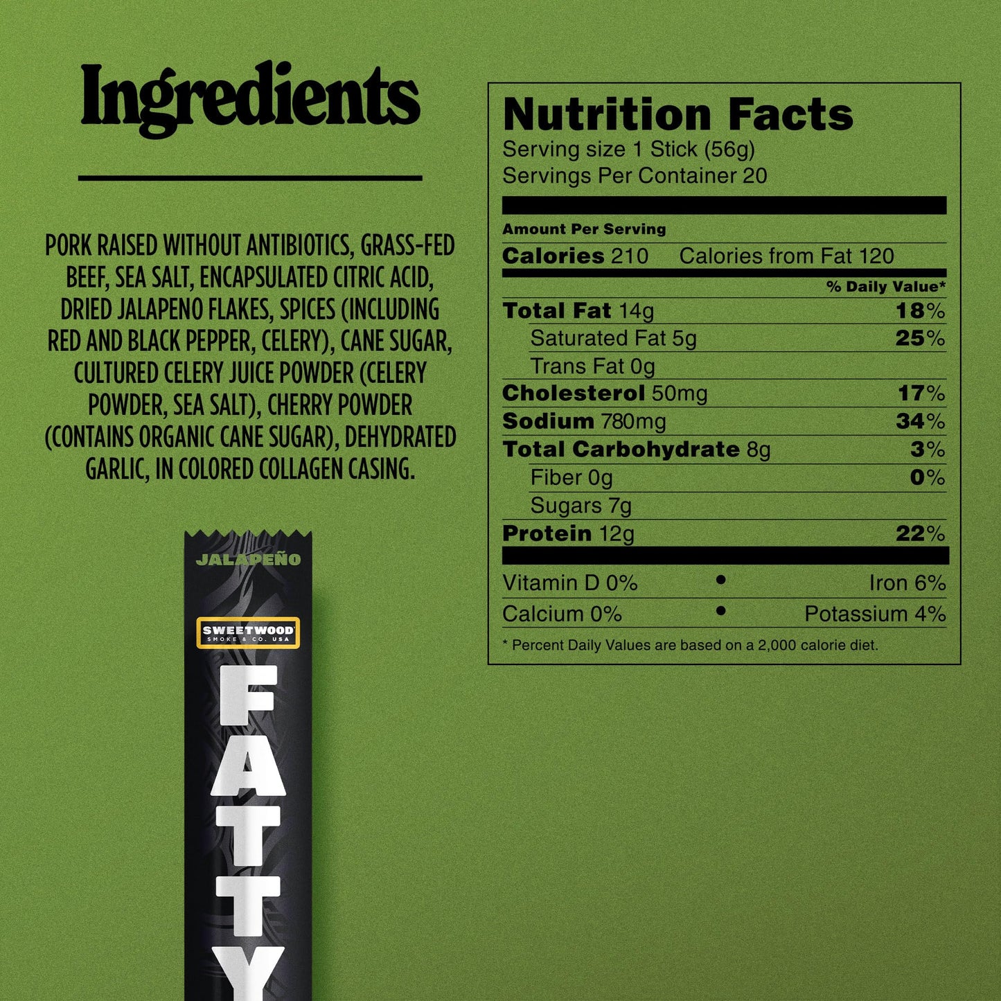 FATTY Meat Sticks, Made with Grass Fed Beef, Pork Raised Without Antibiotics, 13g Protein Per Serving, Jalapeno, 2 oz. (Pack of 20)