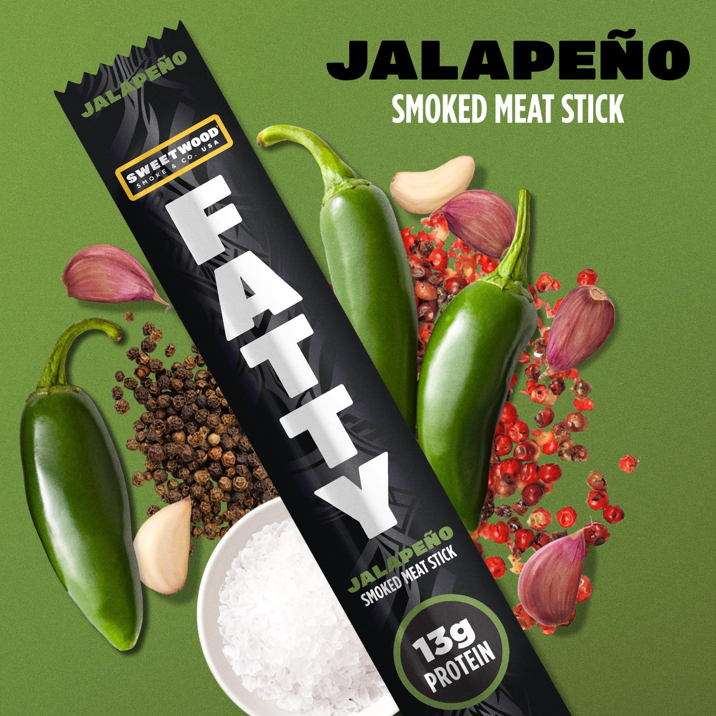 FATTY Meat Sticks, Made with Grass Fed Beef, Pork Raised Without Antibiotics, 13g Protein Per Serving, Jalapeno, 2 oz. (Pack of 20)